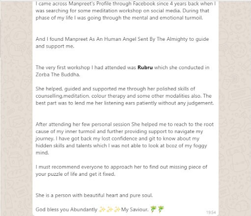 A testimonial screenshot For Manpreet Kaur 1:1 Self-Love Coaching Sessions from her clients