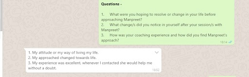 A testimonial screenshot For Manpreet Kaur 1:1 Self-Love Coaching Sessions from her clients